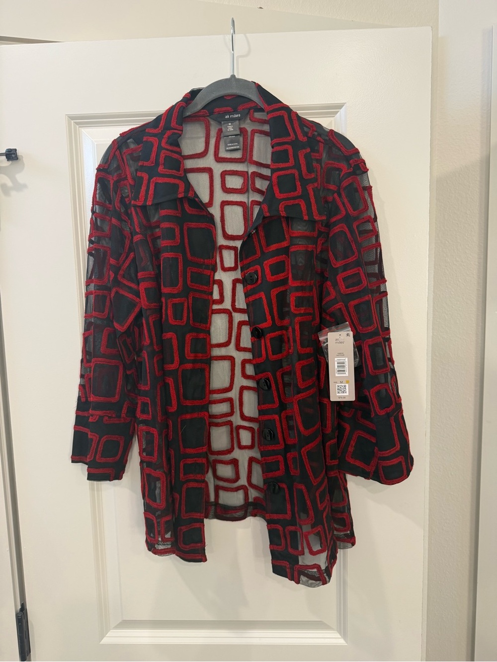 Ali Miles Black & Red Geometric Open Cardigan